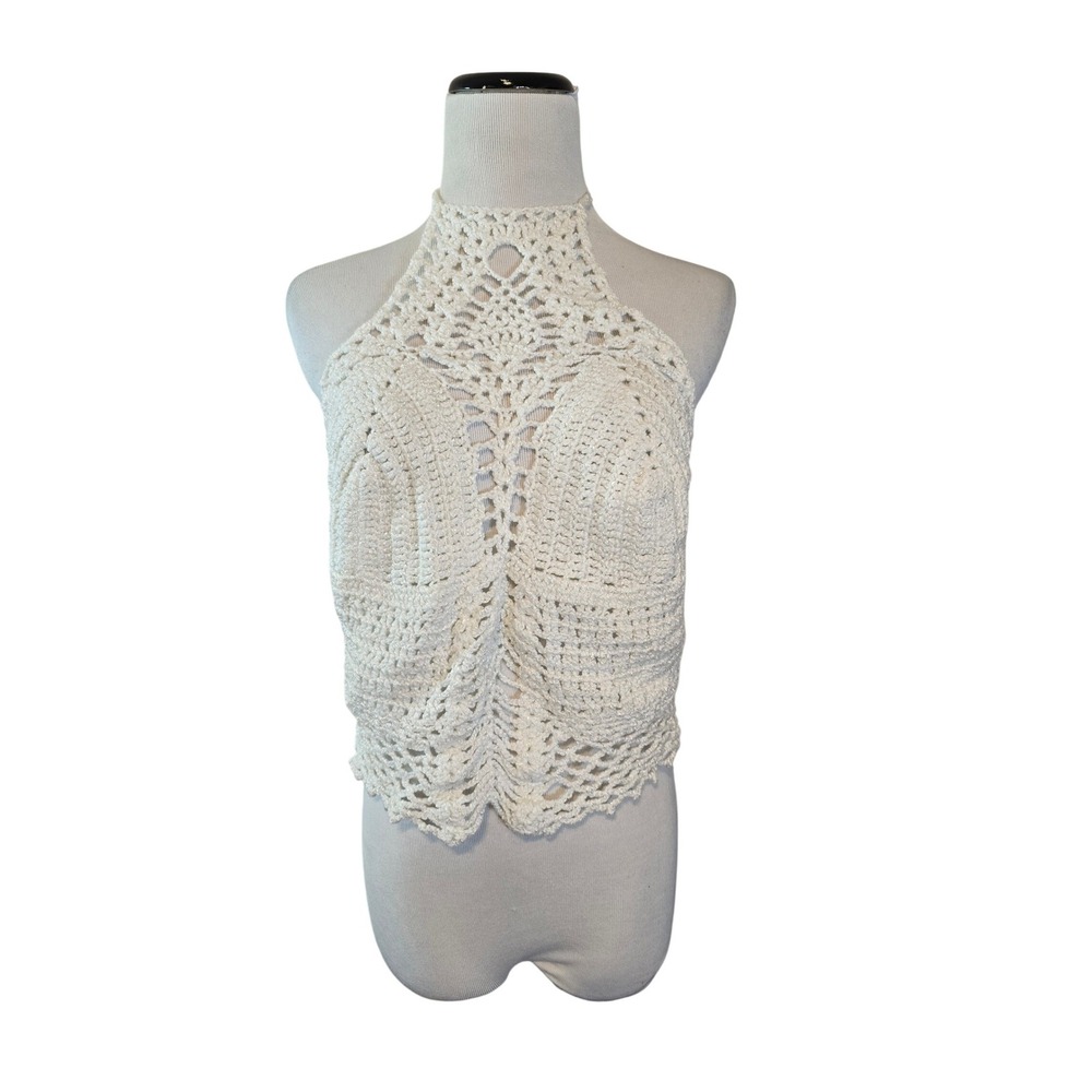 Handmade White Crochet Halter Crop Top Boho Festival High Neck Open Knit Small‎